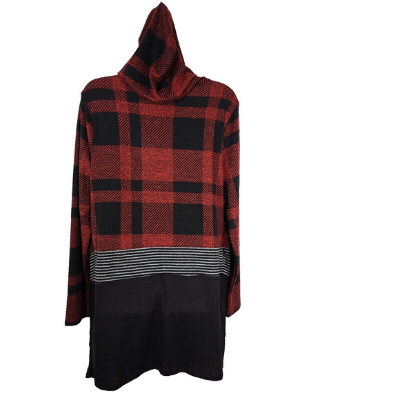 Maurices Womens Hooded Cardigan Medium Buffalo Plaid Block Drape Front Red Black - Picture 3 of 11